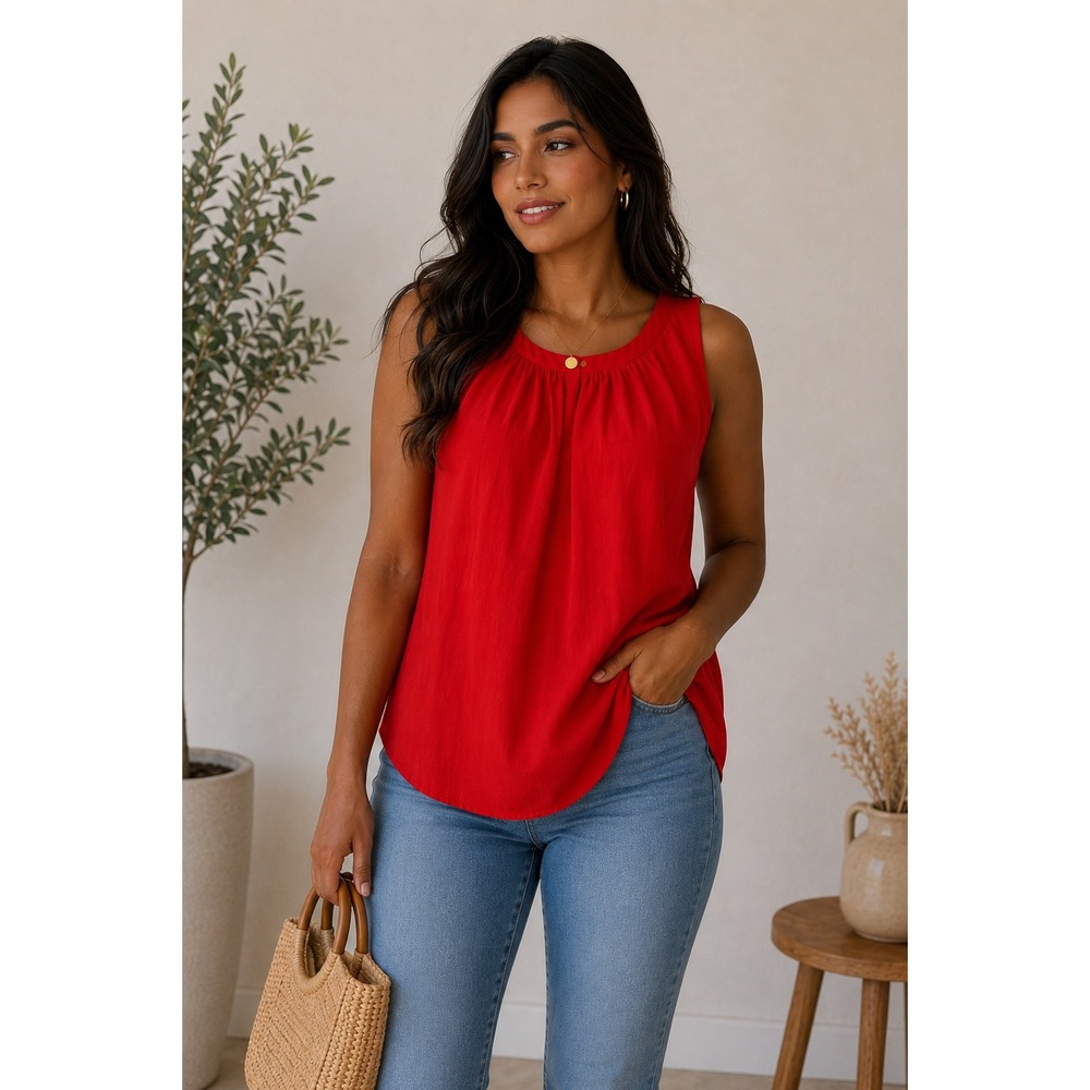 Jennifer Lopez Womens Red Sleeveless Pleated Neck Blouse Top Small RN73277